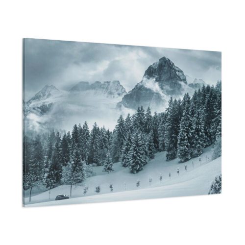 Car in Mountain Landscape With Snowy Trees Standard Canvas