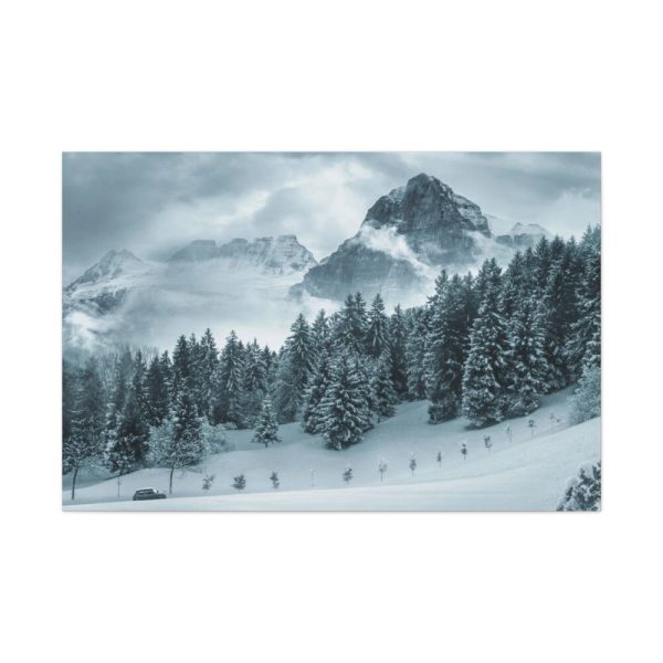 Car in Mountain Landscape With Snowy Trees Standard Canvas