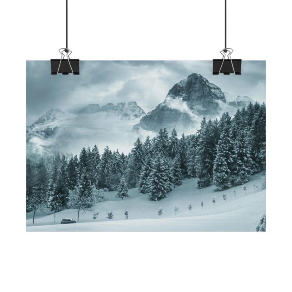 92368-41.jpg Car in Mountain Landscape With Snowy Trees Poster