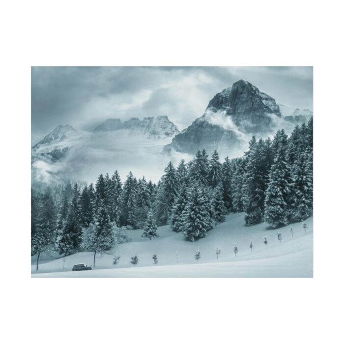 Car in Mountain Landscape With Snowy Trees Poster - Image 16