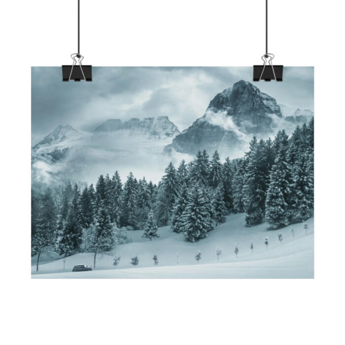 Car in Mountain Landscape With Snowy Trees Poster - Image 17