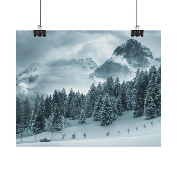 92372-16.jpg Car in Mountain Landscape With Snowy Trees Poster