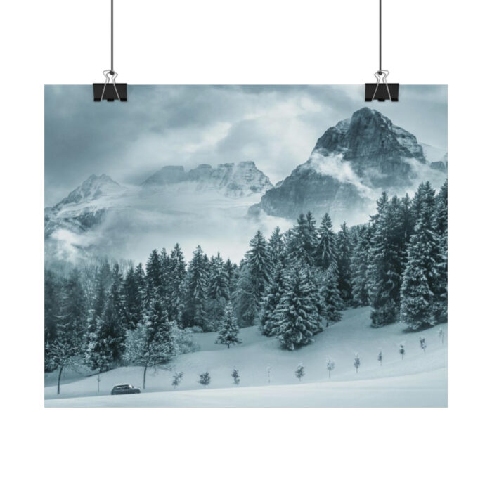 Car in Mountain Landscape With Snowy Trees Poster - Image 27