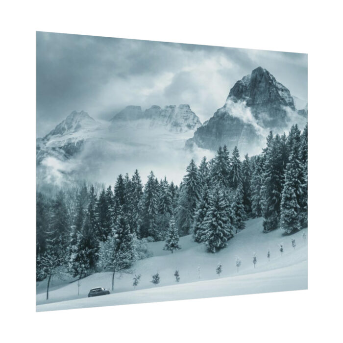 Car in Mountain Landscape With Snowy Trees Poster - Image 28