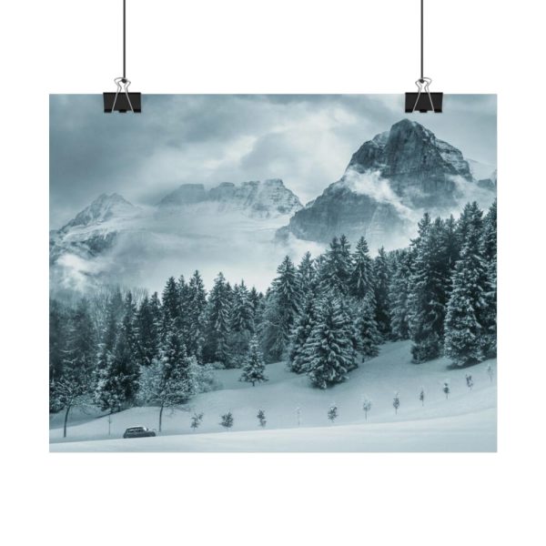 92373-16.jpg Car in Mountain Landscape With Snowy Trees Poster