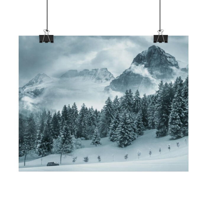 Car in Mountain Landscape With Snowy Trees Poster - Image 32