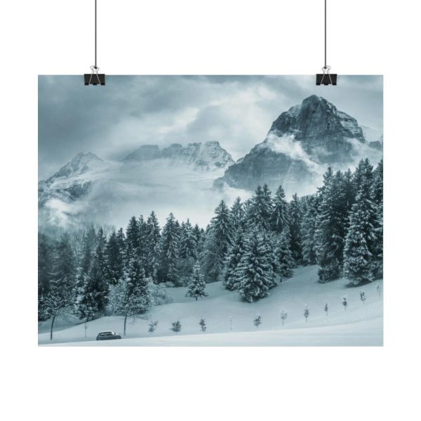 92375-16.jpg Car in Mountain Landscape With Snowy Trees Poster