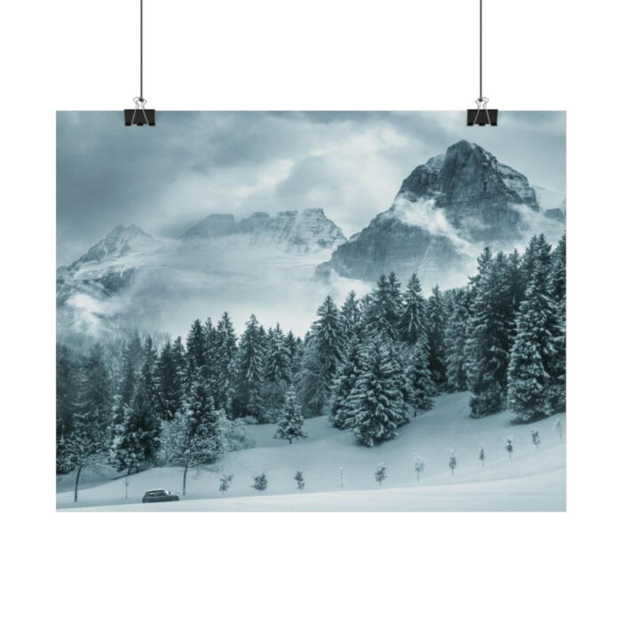 Car in Mountain Landscape With Snowy Trees Poster - Image 42