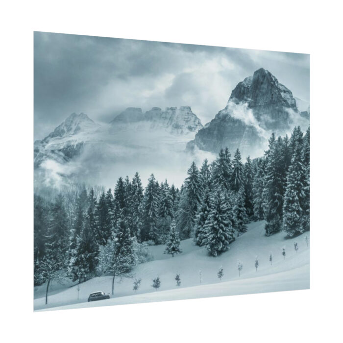 Car in Mountain Landscape With Snowy Trees Poster - Image 43