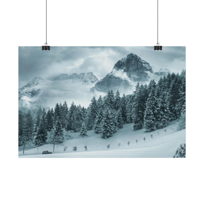Car in Mountain Landscape With Snowy Trees Poster - Image 47