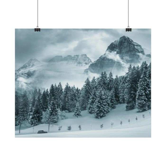 Car in Mountain Landscape With Snowy Trees Poster - Image 62