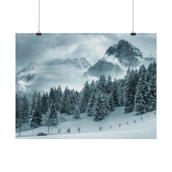 92381-16.jpg Car in Mountain Landscape With Snowy Trees Poster