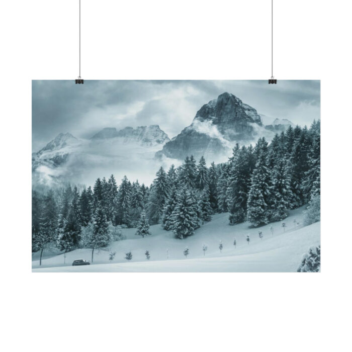 Car in Mountain Landscape With Snowy Trees Poster - Image 77