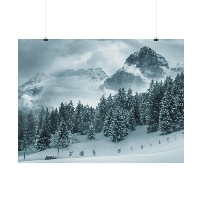 Car in Mountain Landscape With Snowy Trees Poster - Image 87
