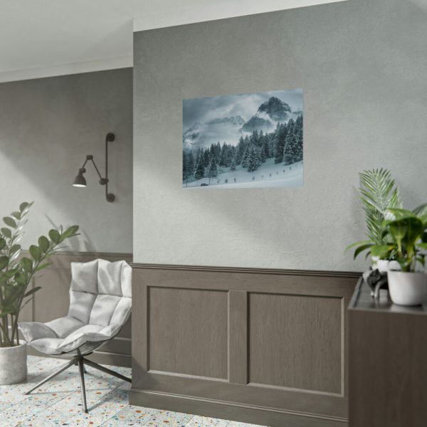 92385-19.jpg Car in Mountain Landscape With Snowy Trees Poster