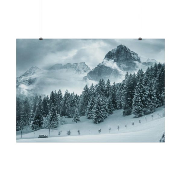 92409-581.jpg Car in Mountain Landscape With Snowy Trees Poster