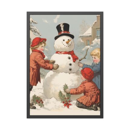 Vintage Children Building A Snowman Framed Poster
