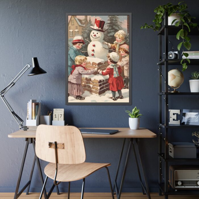 Children Building a Snowman in Their Front Yard Framed Poster - Image 3