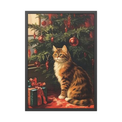 Cat By Christmas Tree Framed Poster
