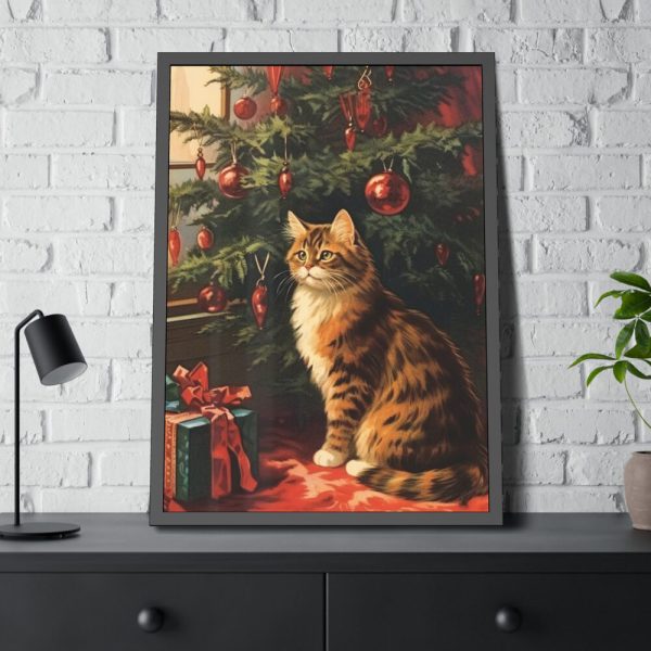 93830-79.jpg Cat By Christmas Tree Framed Poster