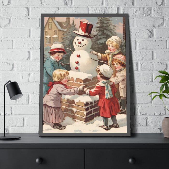 Children Building a Snowman in Their Front Yard Framed Poster - Image 8