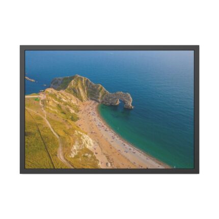 Green Fields on the Ocean sand Shoreline at Durdle Door Framed Poster