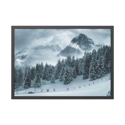 Car in Mountain Landscape With Snowy Trees Framed Poster
