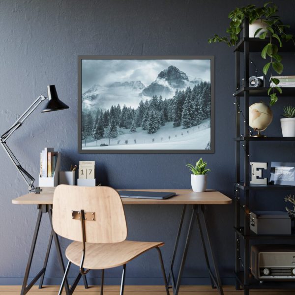 93854-418.jpg Car in Mountain Landscape With Snowy Trees Framed Poster