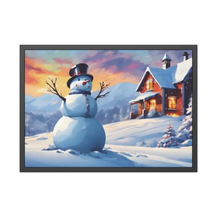 Snowman and Illuminated House Framed Poster