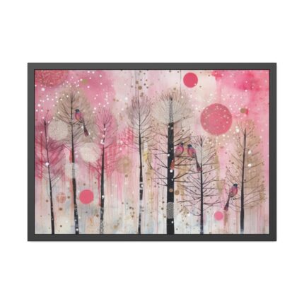 Whimsical Pink Winter Forest Art Framed Poster