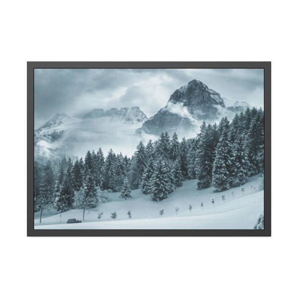 93855-416.jpg Car in Mountain Landscape With Snowy Trees Framed Poster