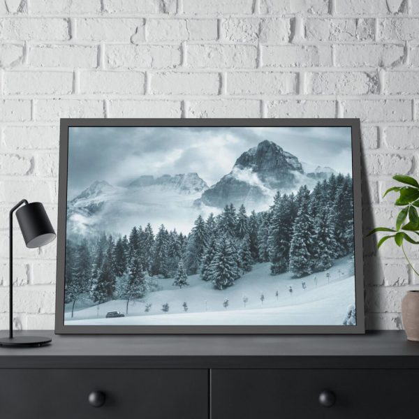 93855-419.jpg Car in Mountain Landscape With Snowy Trees Framed Poster