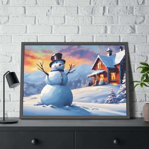 93855-491.jpg Snowman and Illuminated House Framed Poster