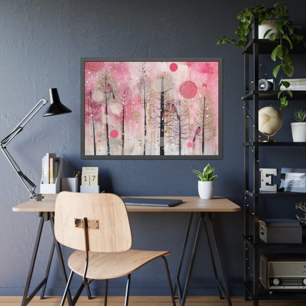93855-510.jpg Whimsical Pink Winter Forest Art Framed Poster
