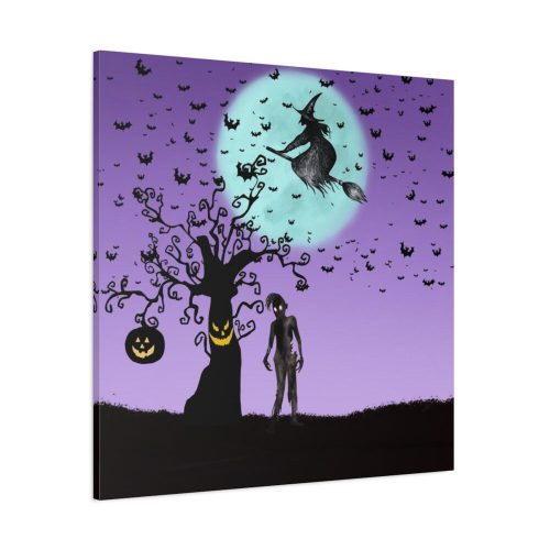 Witch Flying With Bats in Front of a Full Moon Standard Canvas