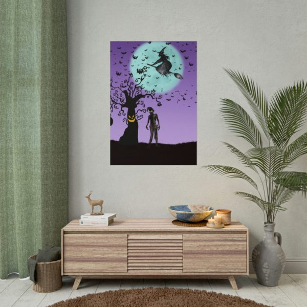 101894-103.jpg Witch Flying With Bats in Front of a Full Moon Poster