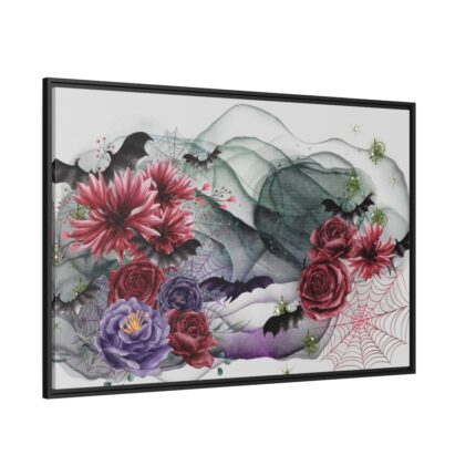 Flowers And Bats Halloween Framed Canvas