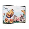 Chickens Chicks and Easter Bunny Framed Canvas