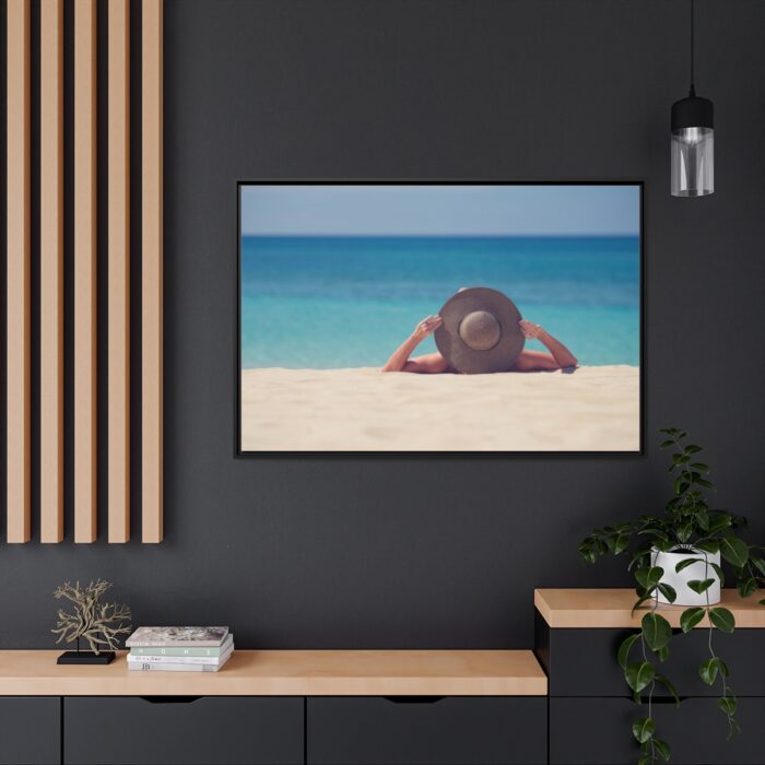 Woman Wearing a Hat on the Beach Framed Canvas - Image 5