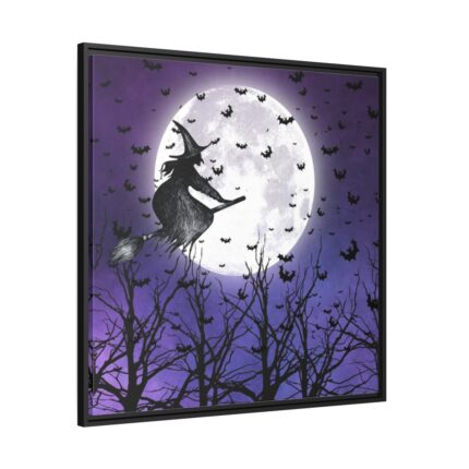 Halloween Witch Flying Broom Framed Canvas