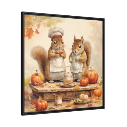 Autumn Fall Squirrels With Pumpkins Framed Canvas