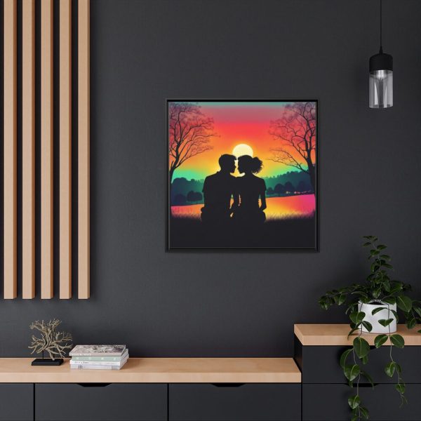 Romantic Couple Sunset Silhouette Framed Canvas