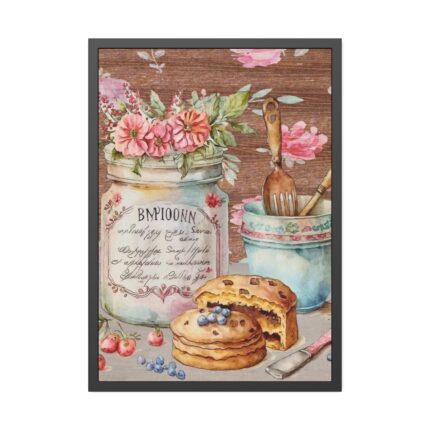 Baked Cakes on a Counter With a Vintage Wood Framed Poster