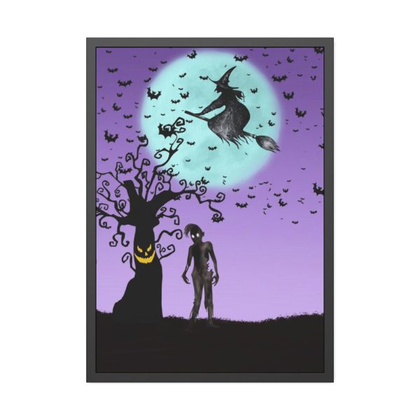 93830-84.jpg Witch Flying With Bats in Front of a Full Moon Framed Poster
