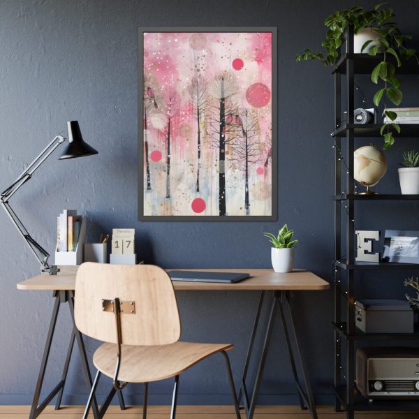 93831-274.jpg Whimsical Pink Winter Forest Art Framed Poster