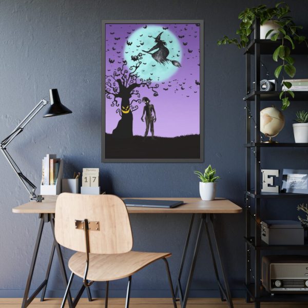 93831-86.jpg Witch Flying With Bats in Front of a Full Moon Framed Poster