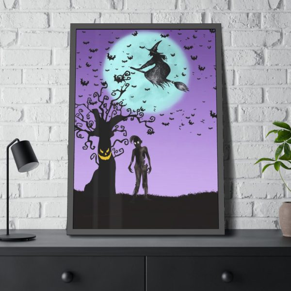 93831-87.jpg Witch Flying With Bats in Front of a Full Moon Framed Poster