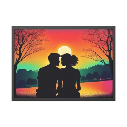 Romantic Couple Sunset Silhouette Framed Poster