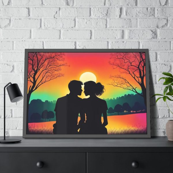 Romantic Couple Sunset Silhouette Framed Poster