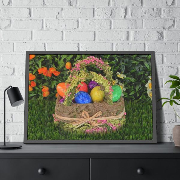 93855-256.jpg Beautiful Easter Egss in Basket on Grass Framed Poster